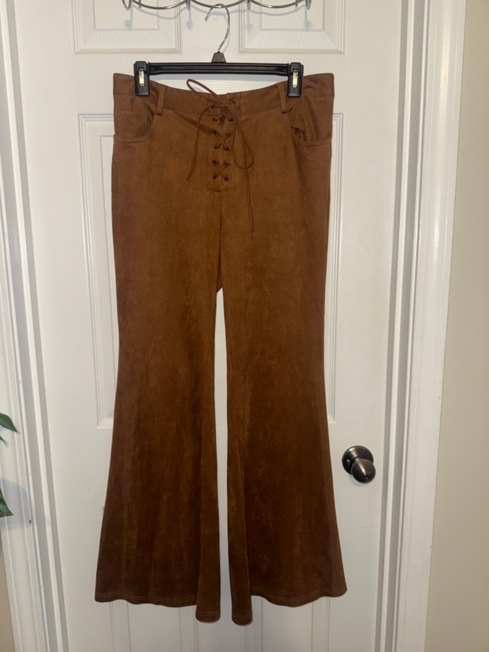 Women’s High-Waist Faux Suede Lace-Up Flared Pants - Brown